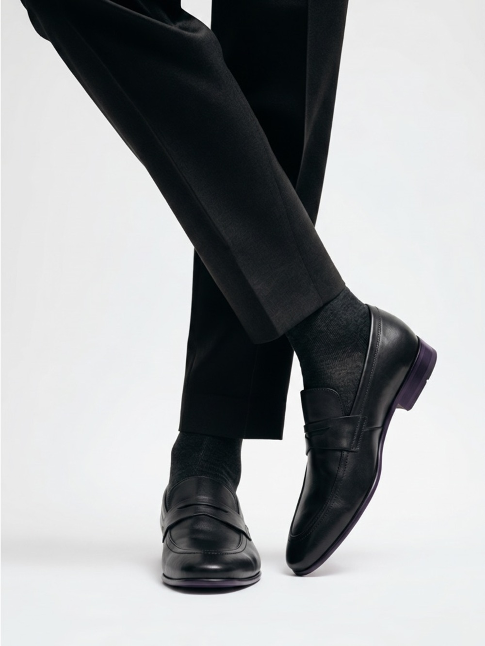 Ted Baker London Black Leather Penny Loafers with Purple Sole